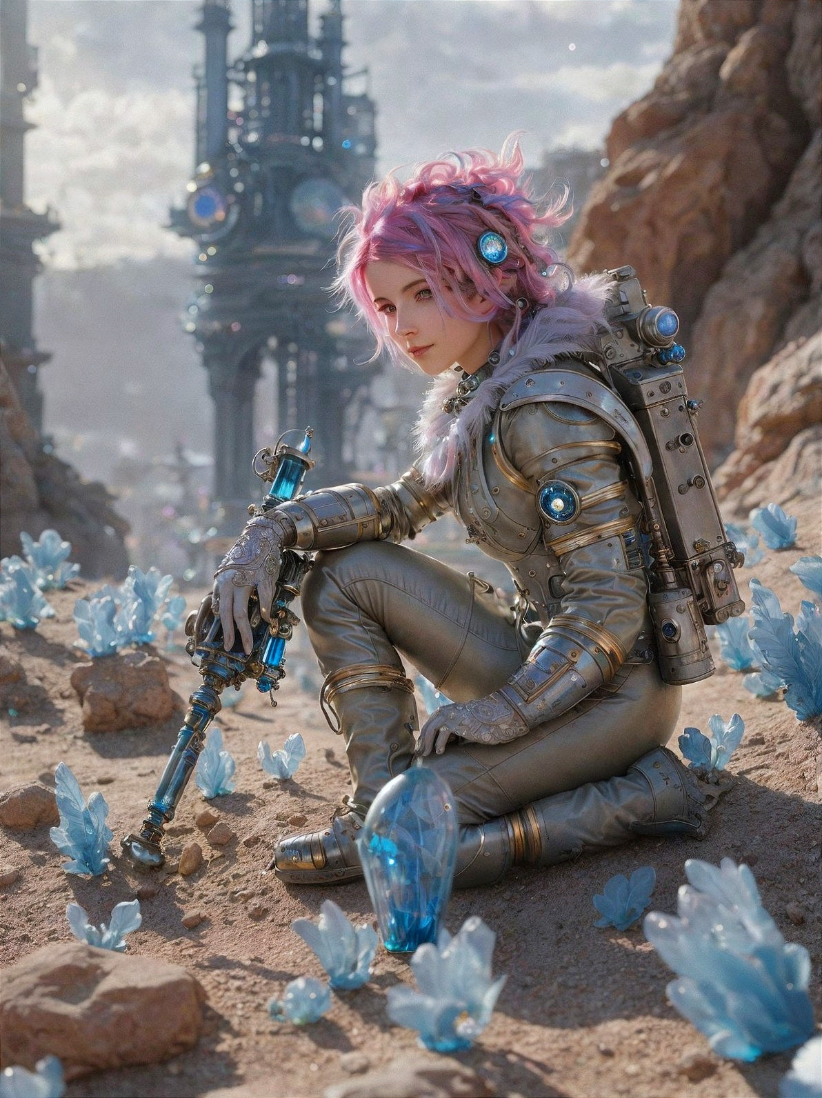 Futuristic character in silver suit on rocky terrain