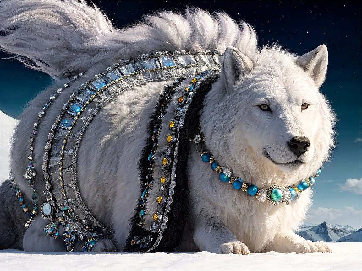 Majestic White Wolf on Snowy Landscape with Jewels