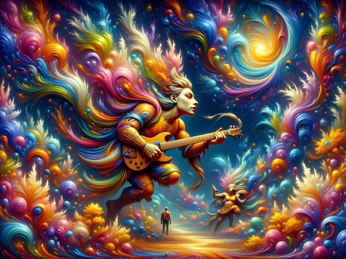 Vibrant Scene of Musician Playing Guitar in Fantasy World