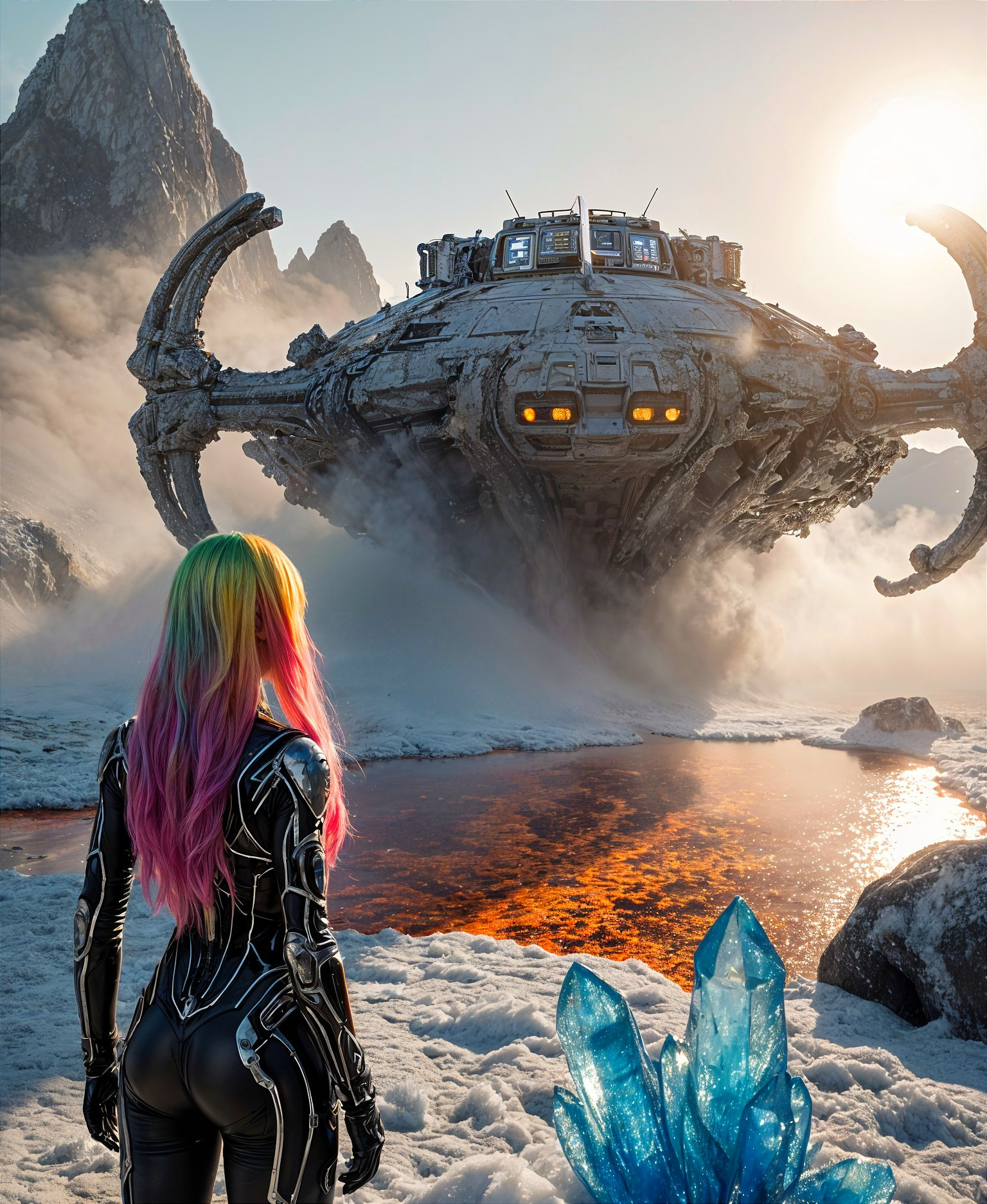 Surreal Landscape with Rainbow-Haired Figure and Spaceship