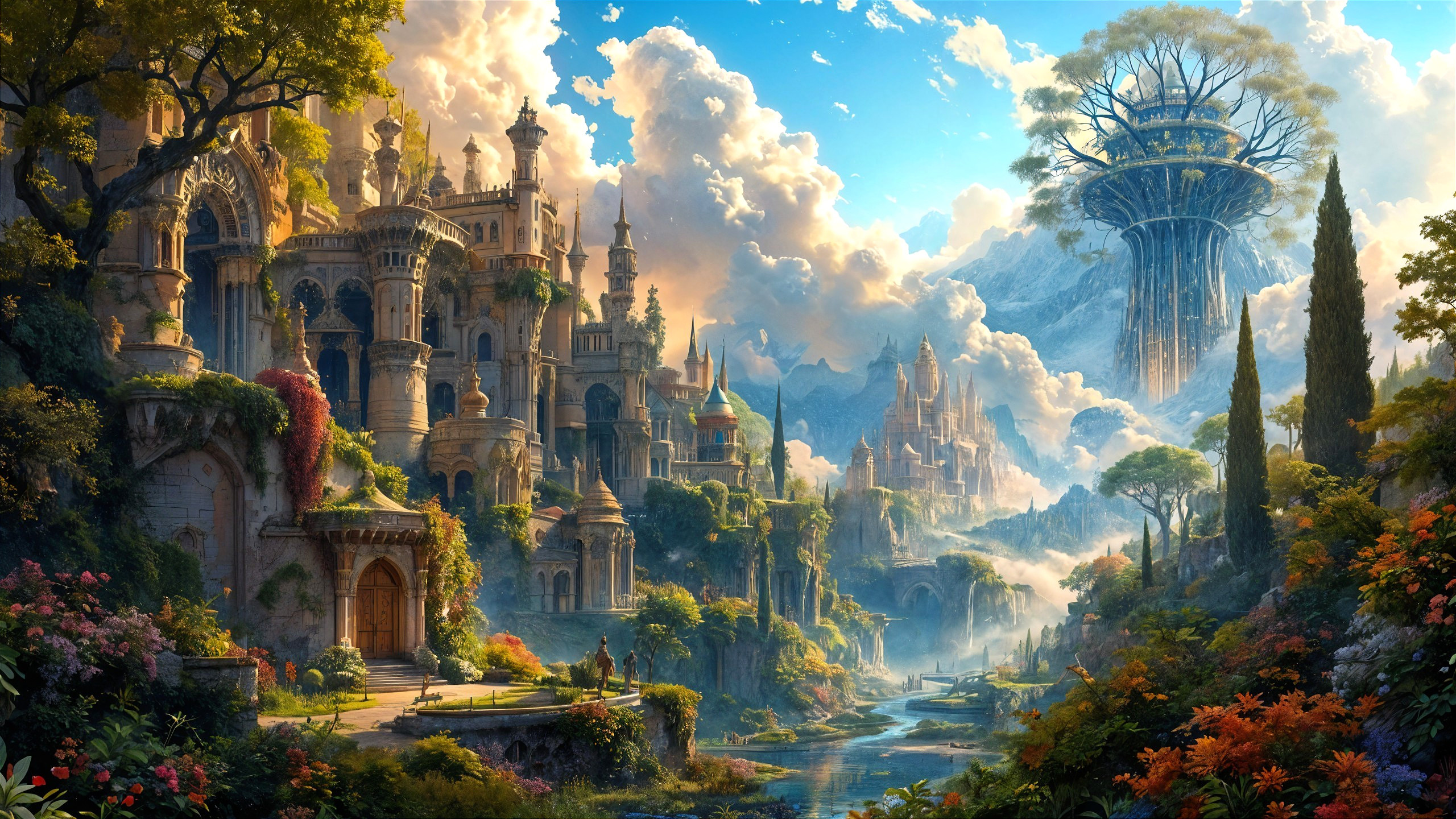 Fantastical Landscape with Castles and Vibrant Nature