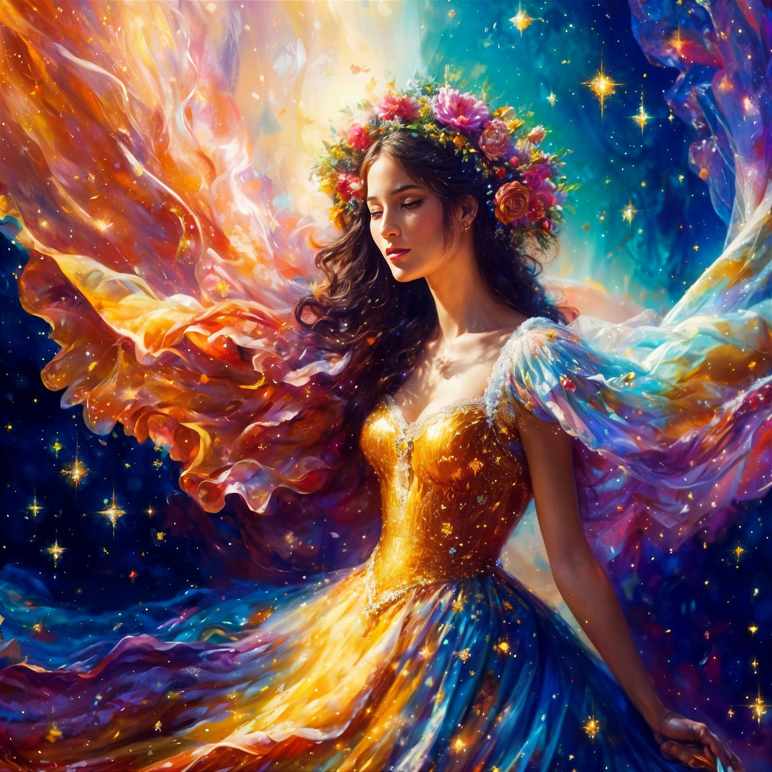 Ethereal Figure in Vibrant Gown Against Starry Background