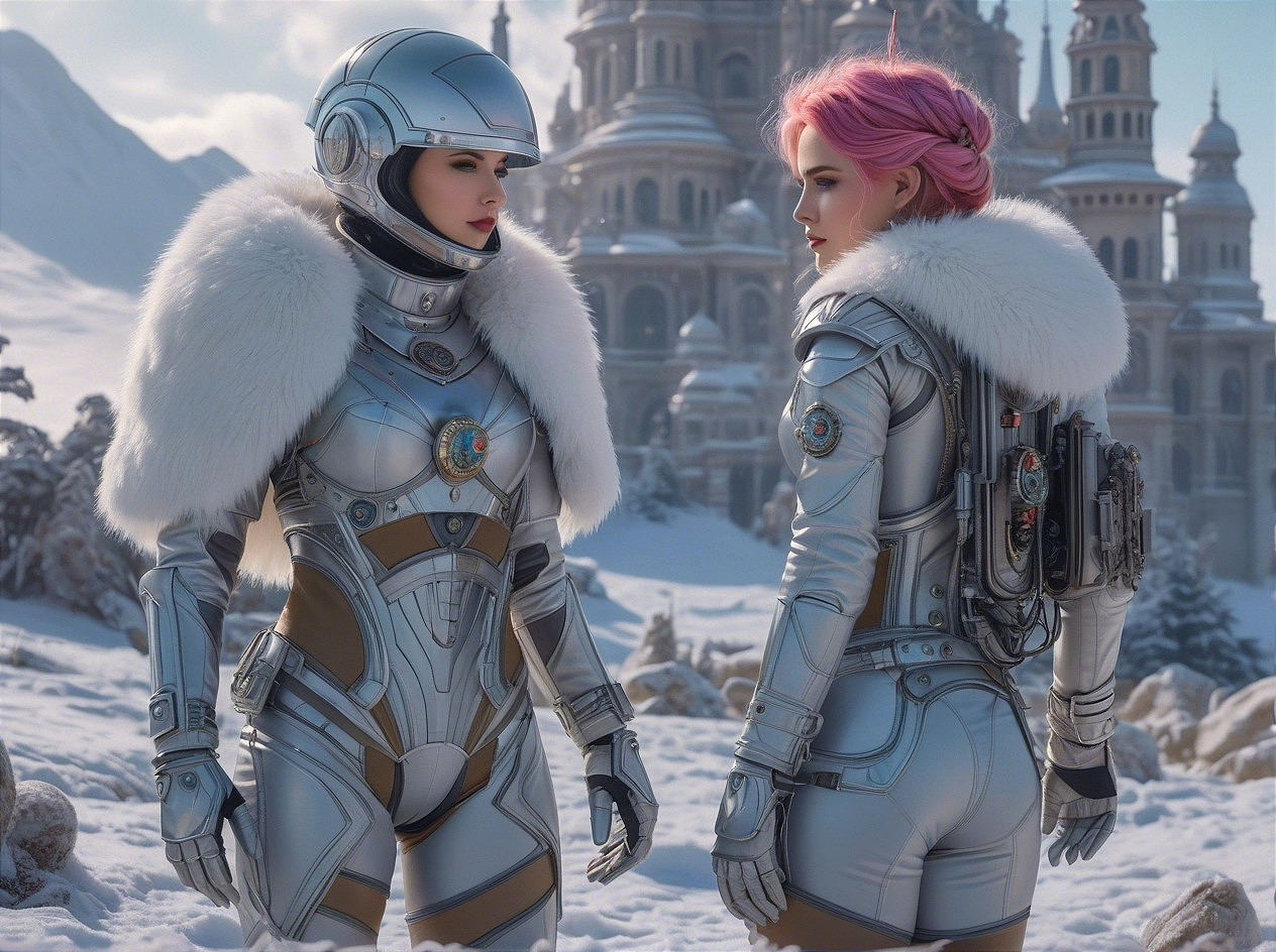 Futuristic female figures in metallic suits in snowy landscape