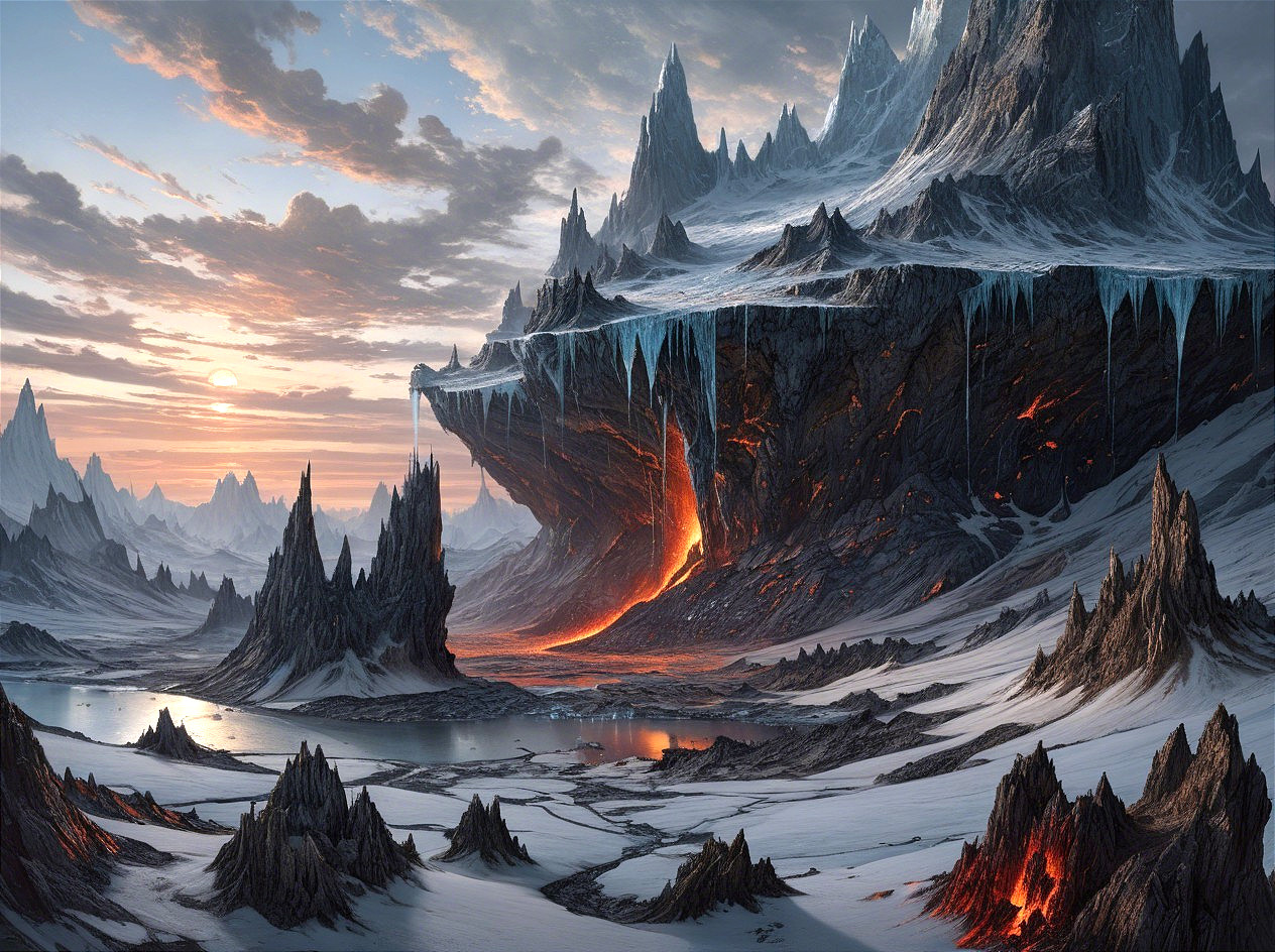 Icy Mountains and Lava Flow at Sunset Landscape
