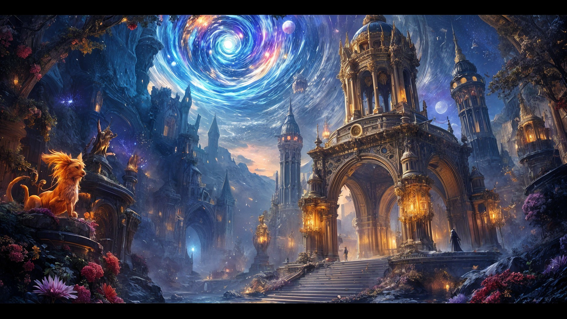 Fantastical Landscape with Majestic Architecture and Lion