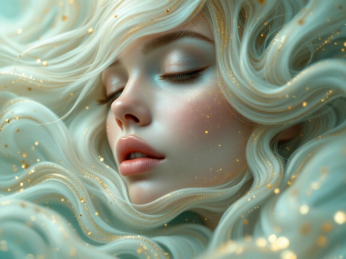Serene Face with Ethereal Hair and Golden Particles