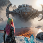 Surreal Landscape with Rainbow-Haired Figure and Spaceship
