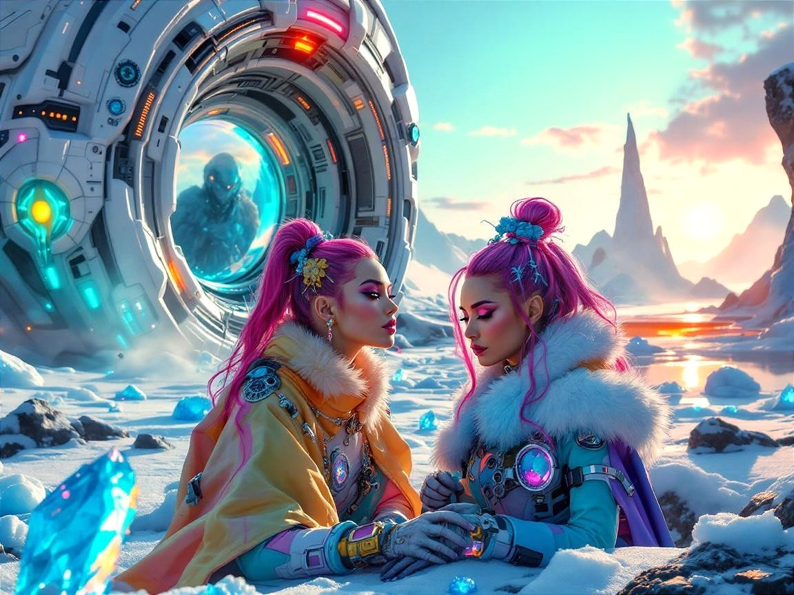 Futuristic Scene with Women in High-Tech Outfits