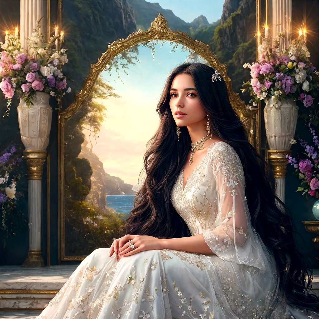 Elegant woman in embroidered gown in lush setting