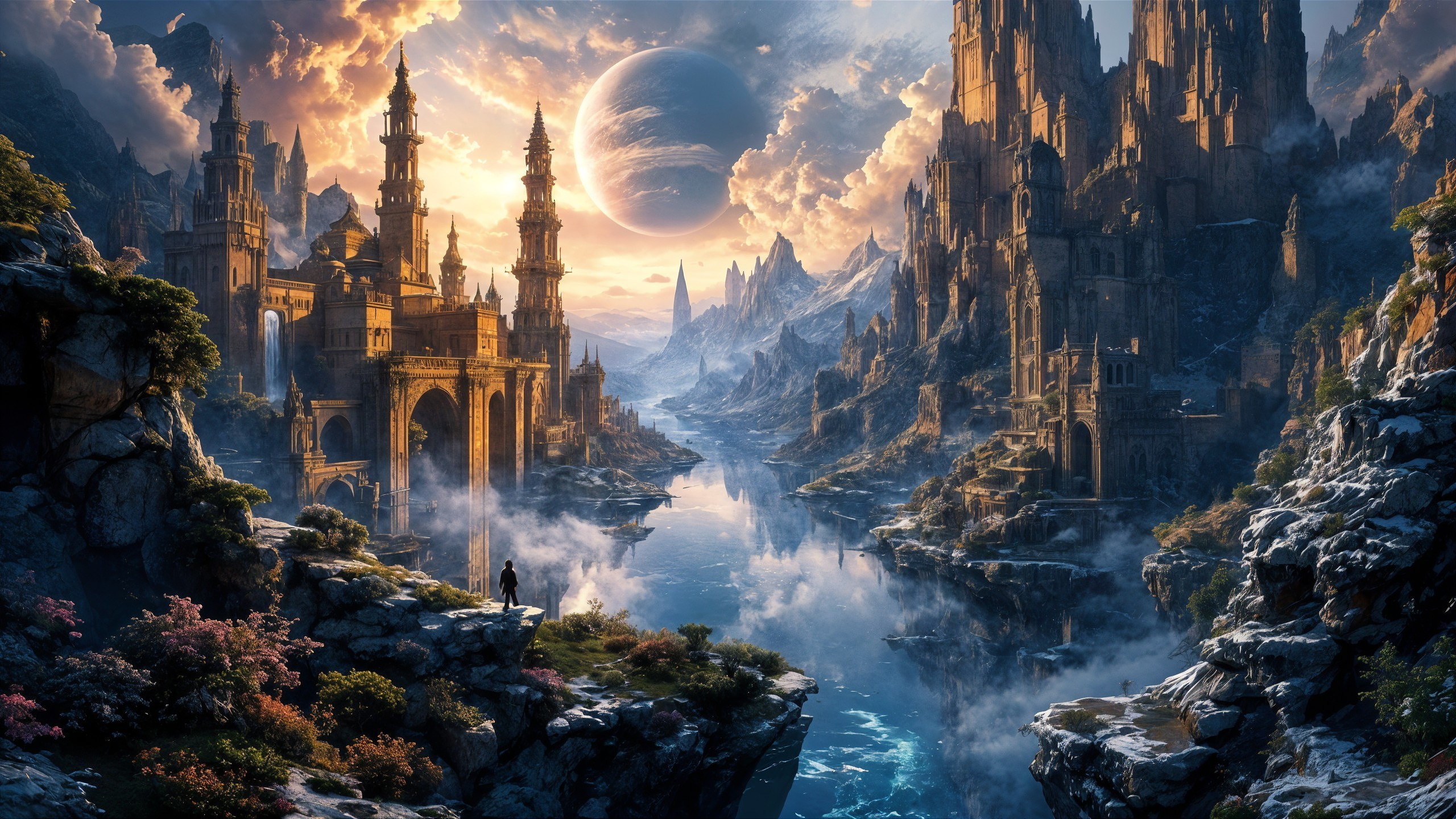 Fantasy Landscape with Castles and Celestial Sky