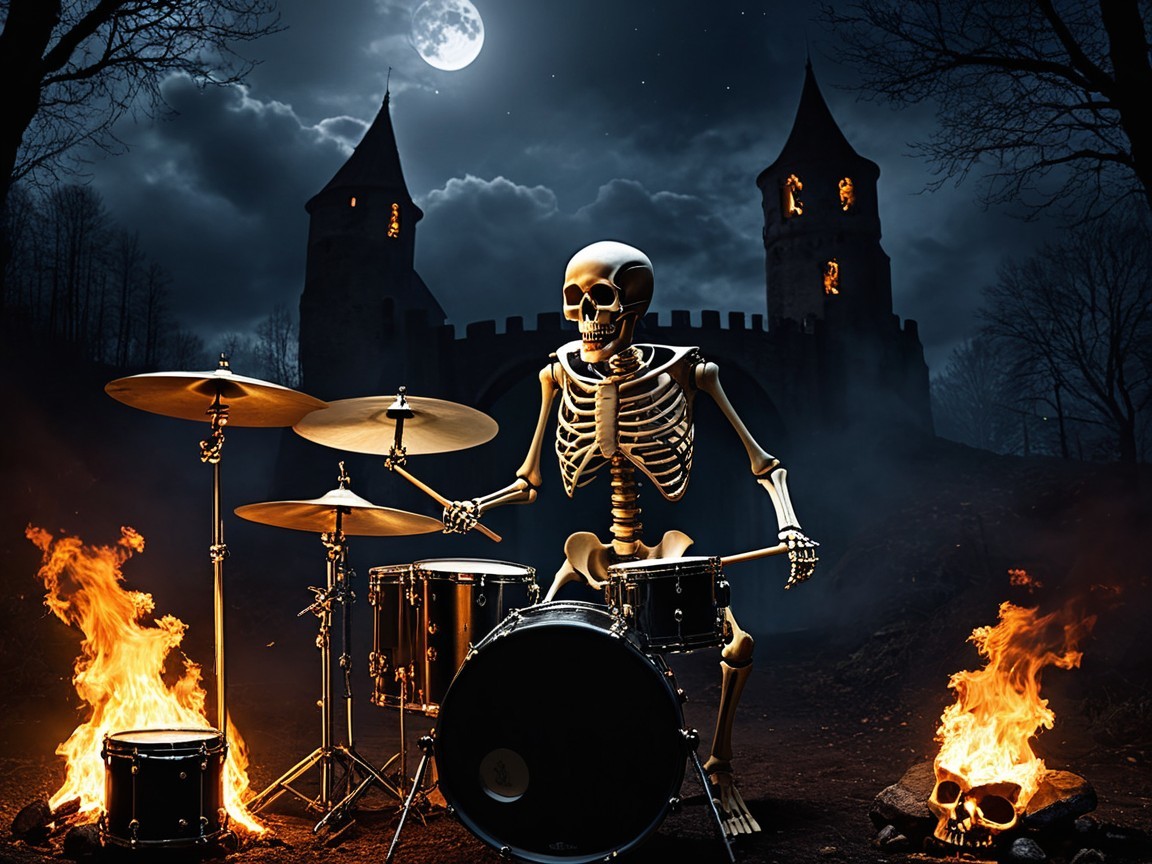 Skeleton Drummer in Moonlit Haunted Scene