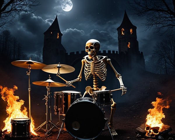 Skeleton Drummer in Moonlit Haunted Scene