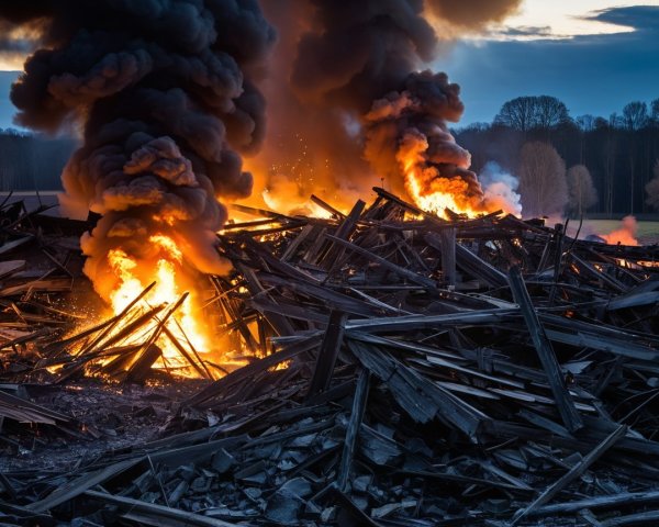 Scene of Destruction with Flames and Smoke