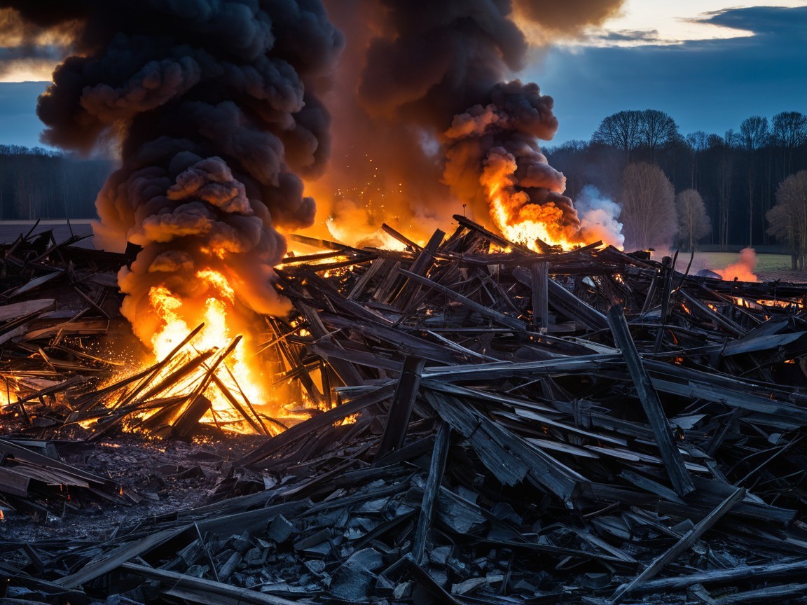 Scene of Destruction with Flames and Smoke