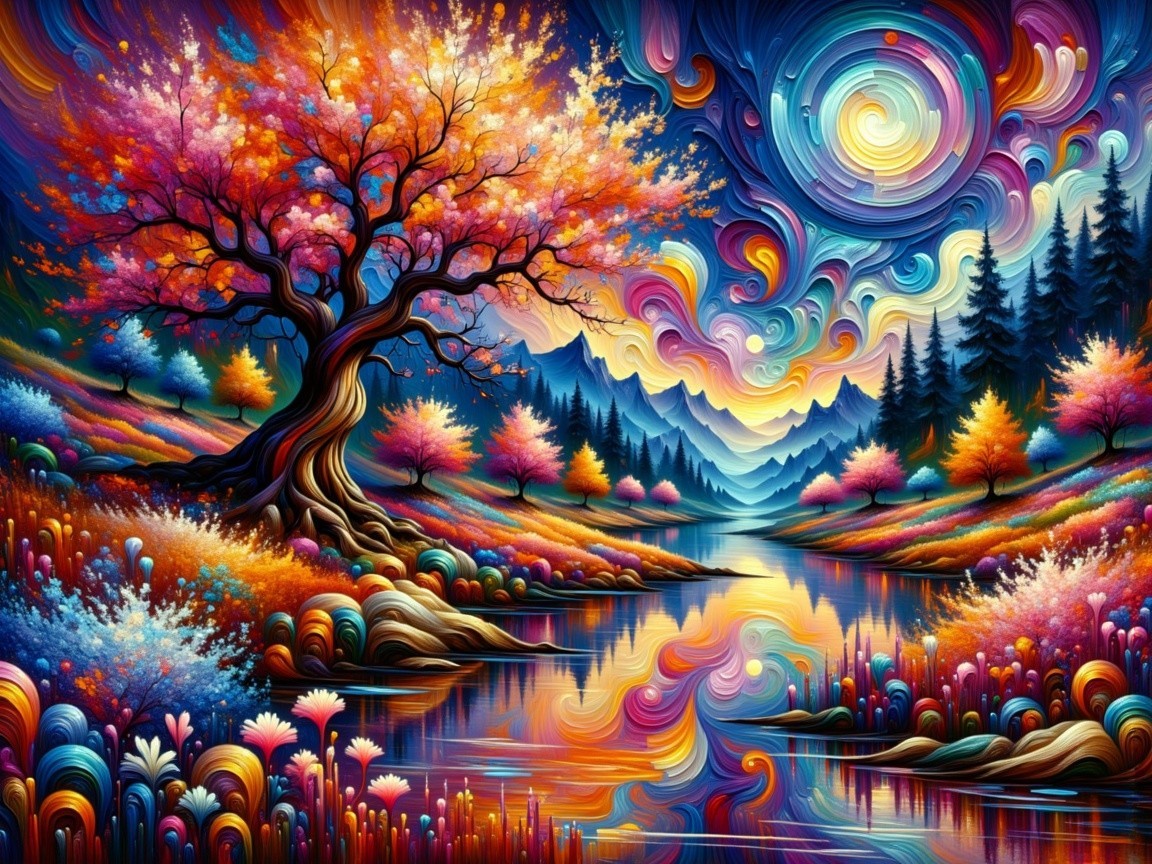 Vibrant Landscape with Majestic Tree and River