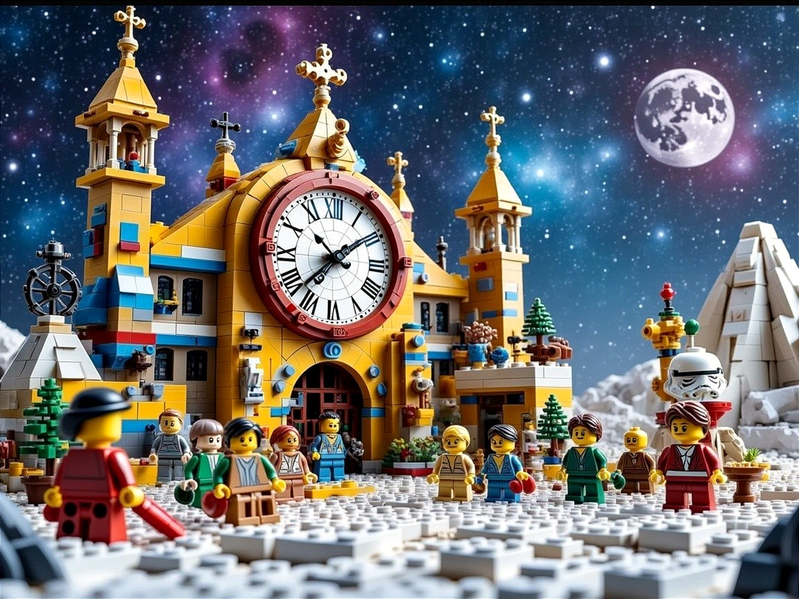 Colorful LEGO Clock Tower Scene with Minifigures