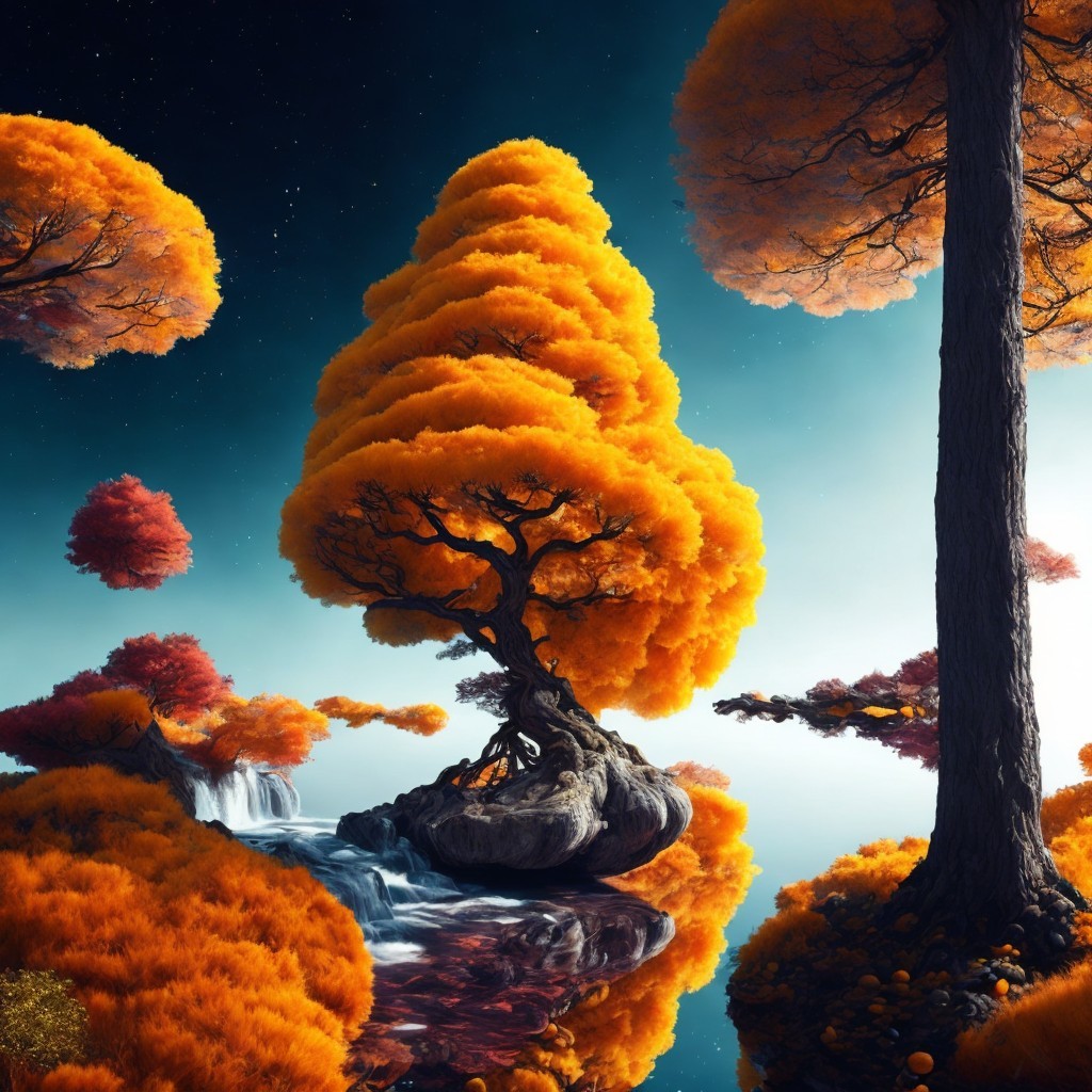 Surreal Landscape with Vibrant Orange Trees and Waterfall