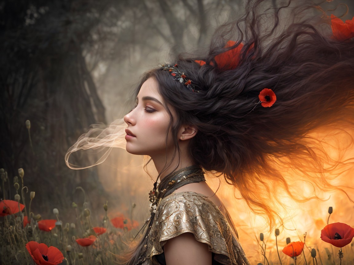 Young woman in golden outfit amidst blooming poppies