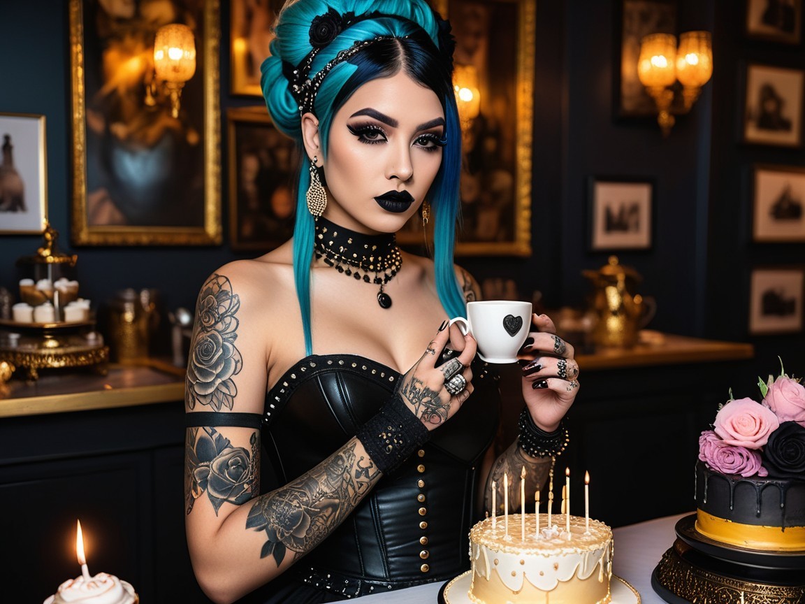 Gothic Woman with Teal Hair in Elegant Setting