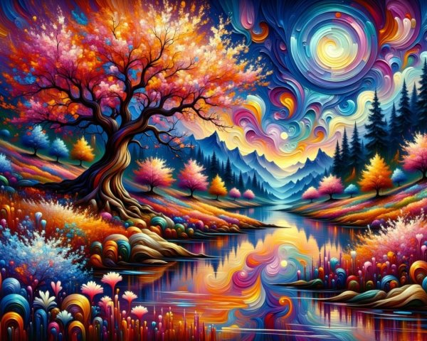 Vibrant Landscape with Majestic Tree and River