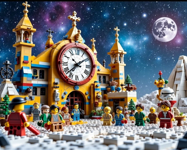Colorful LEGO Clock Tower Scene with Minifigures