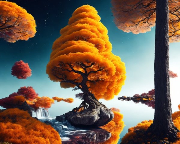 Surreal Landscape with Vibrant Orange Trees and Waterfall