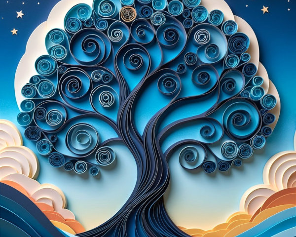 Intricate Paper Quilling Tree with Gradient Sky