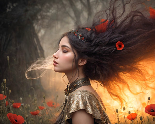 Young woman in golden outfit amidst blooming poppies