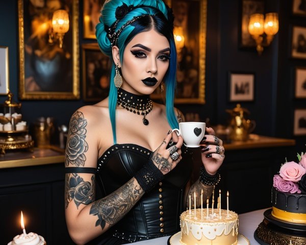 Gothic Woman with Teal Hair in Elegant Setting