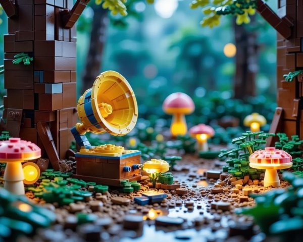 Whimsical LEGO Forest Scene with Vintage Gramophone