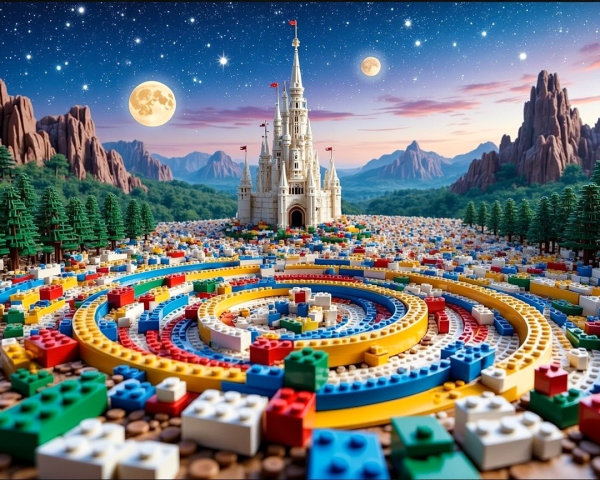 Vibrant Lego Landscape with Castle and Starry Sky