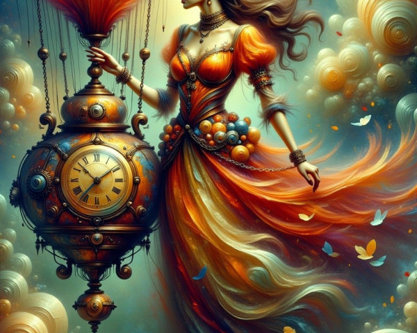 Majestic figure in orange gown with ornate clock and steam