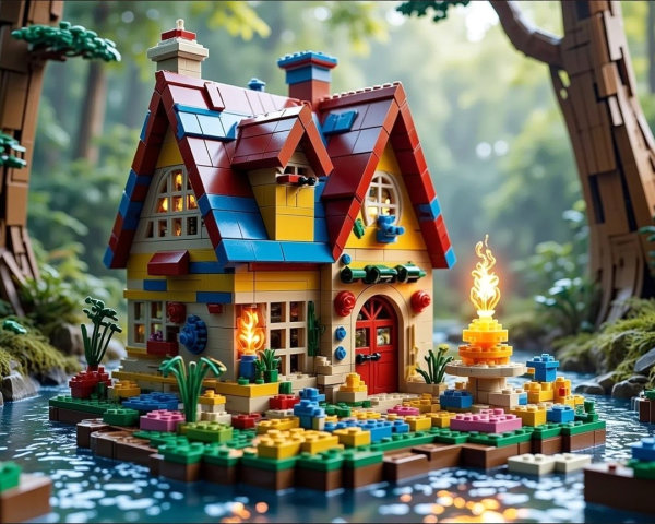 Colorful LEGO House in a Lush Forest Setting