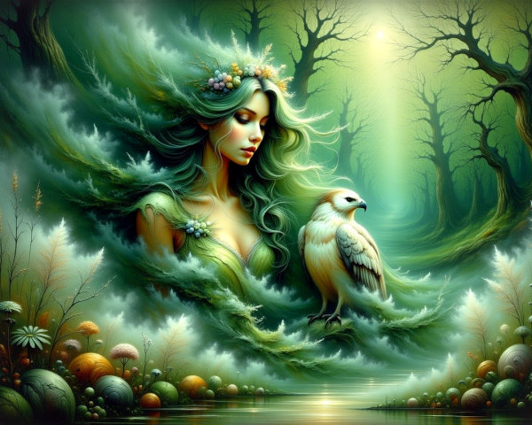 Serene Woman in Mystical Forest with Ethereal Elements
