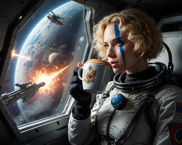 Woman in astronaut suit views distant planet from spacecraft