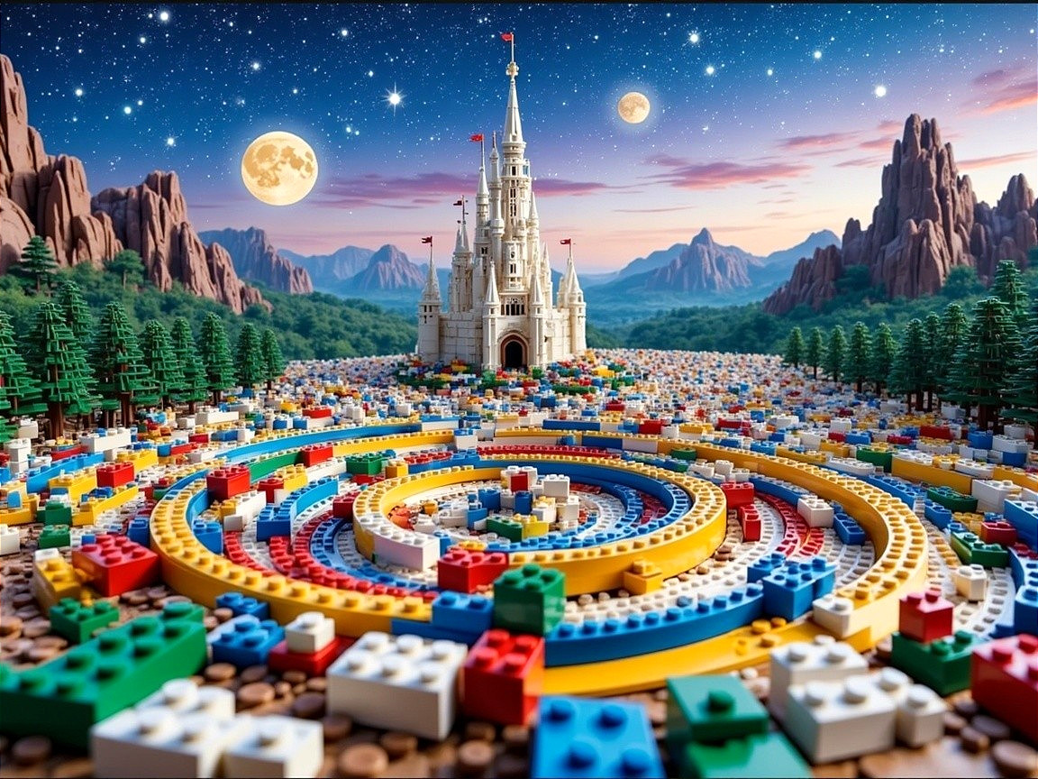 Vibrant Lego Landscape with Castle and Starry Sky