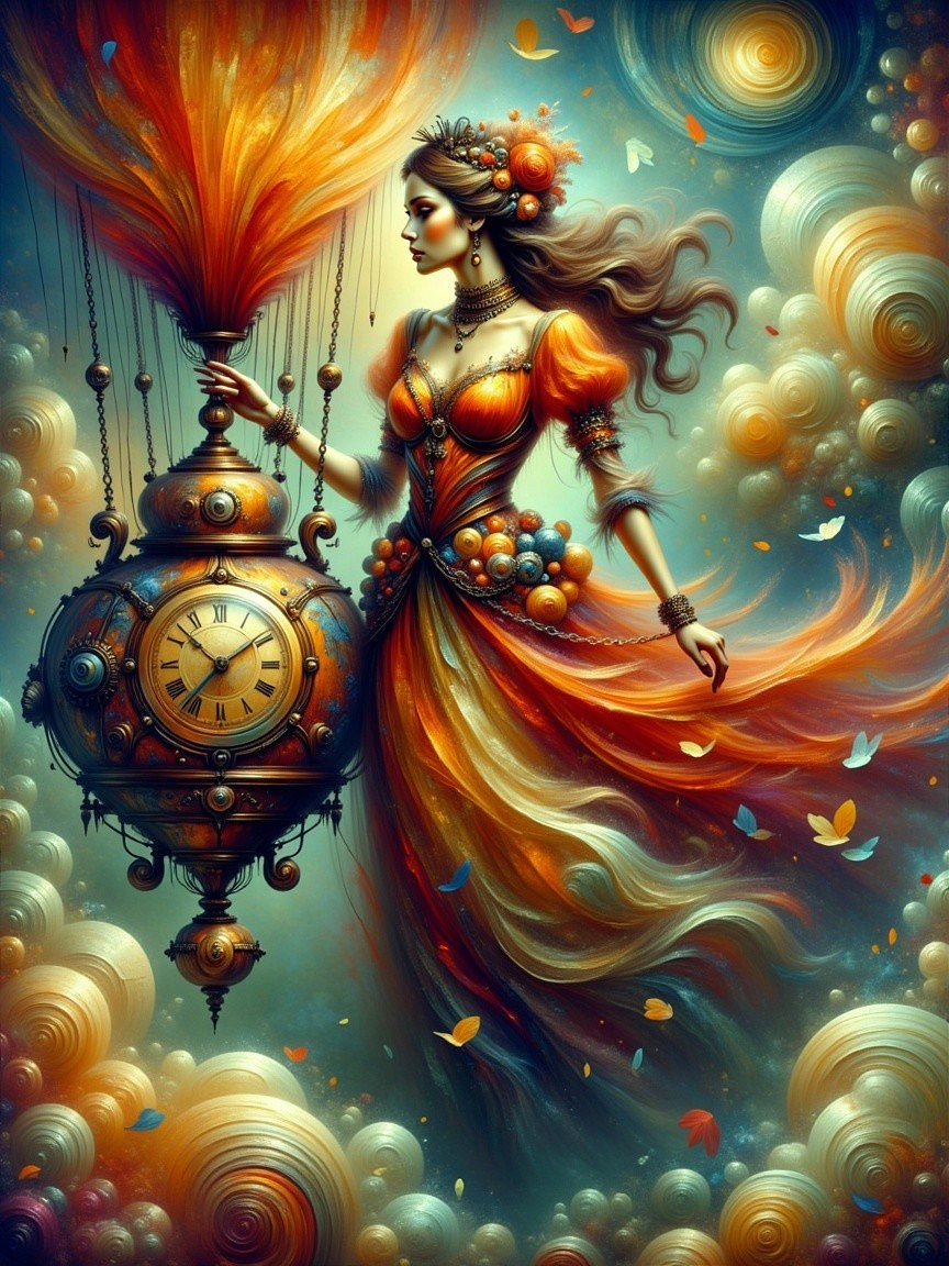 Majestic figure in orange gown with ornate clock and steam
