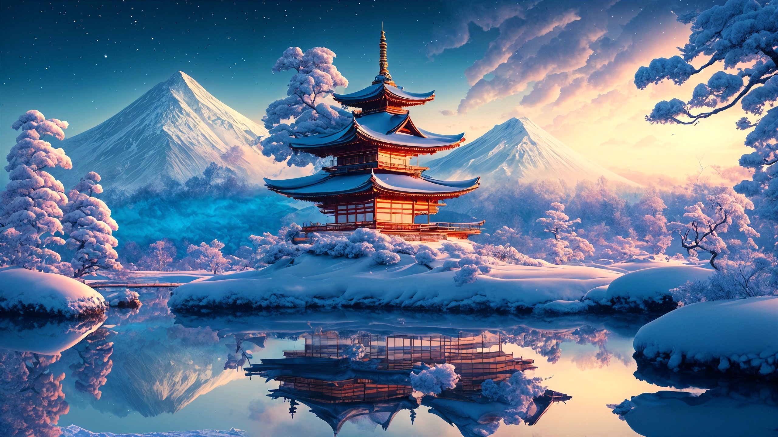 Winter Landscape with Pagoda and Snowy Mountains