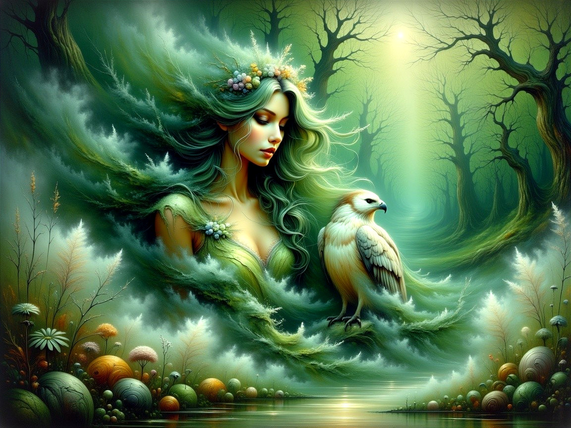 Serene Woman in Mystical Forest with Ethereal Elements