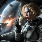 Woman in astronaut suit views distant planet from spacecraft