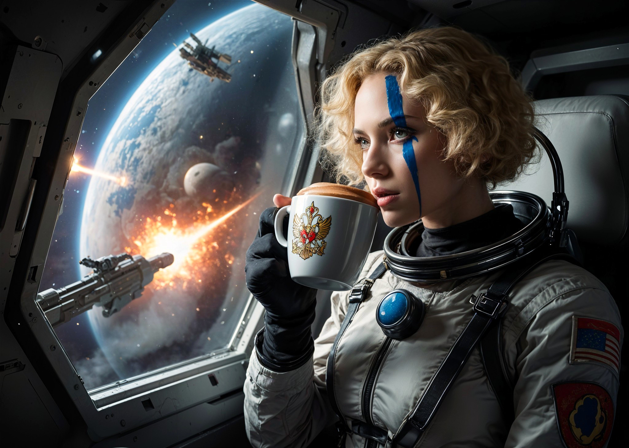 Woman in astronaut suit views distant planet from spacecraft