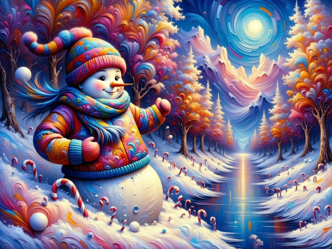 Whimsical Snowman in Colorful Winter Landscape