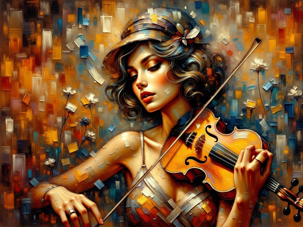 Woman Playing Violin with Vibrant Abstract Background