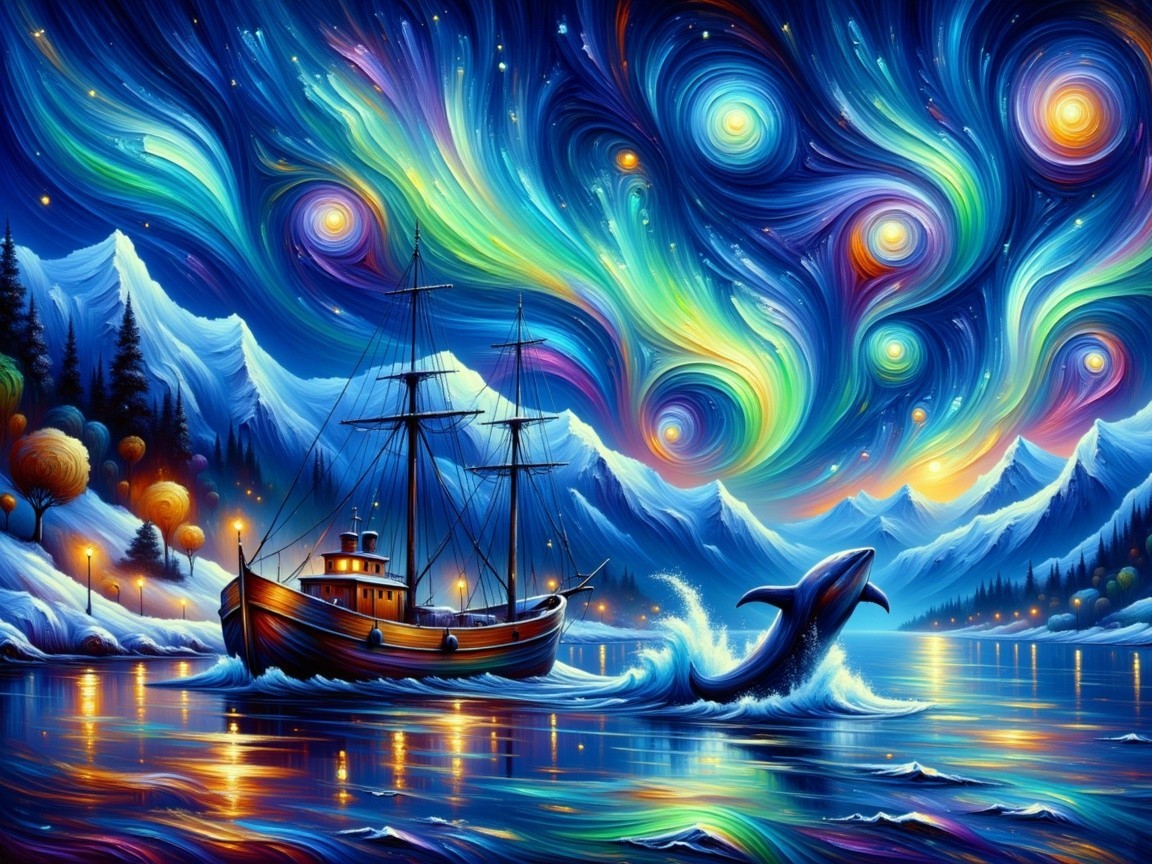 Colorful Night Sky with Ship and Whale in Tranquil Scene