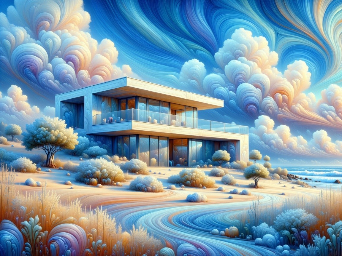 Modern house on serene shoreline with vibrant clouds