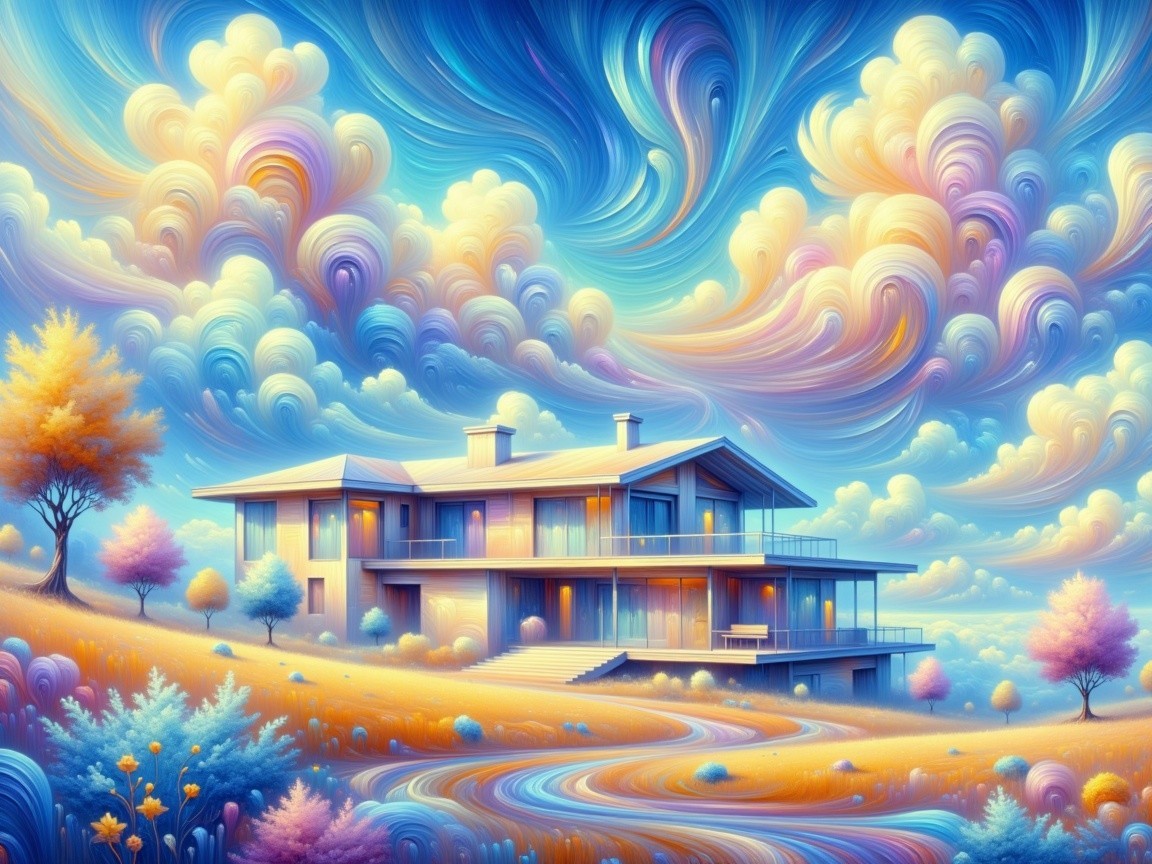 Modern House on Hill Surrounded by Vibrant Clouds