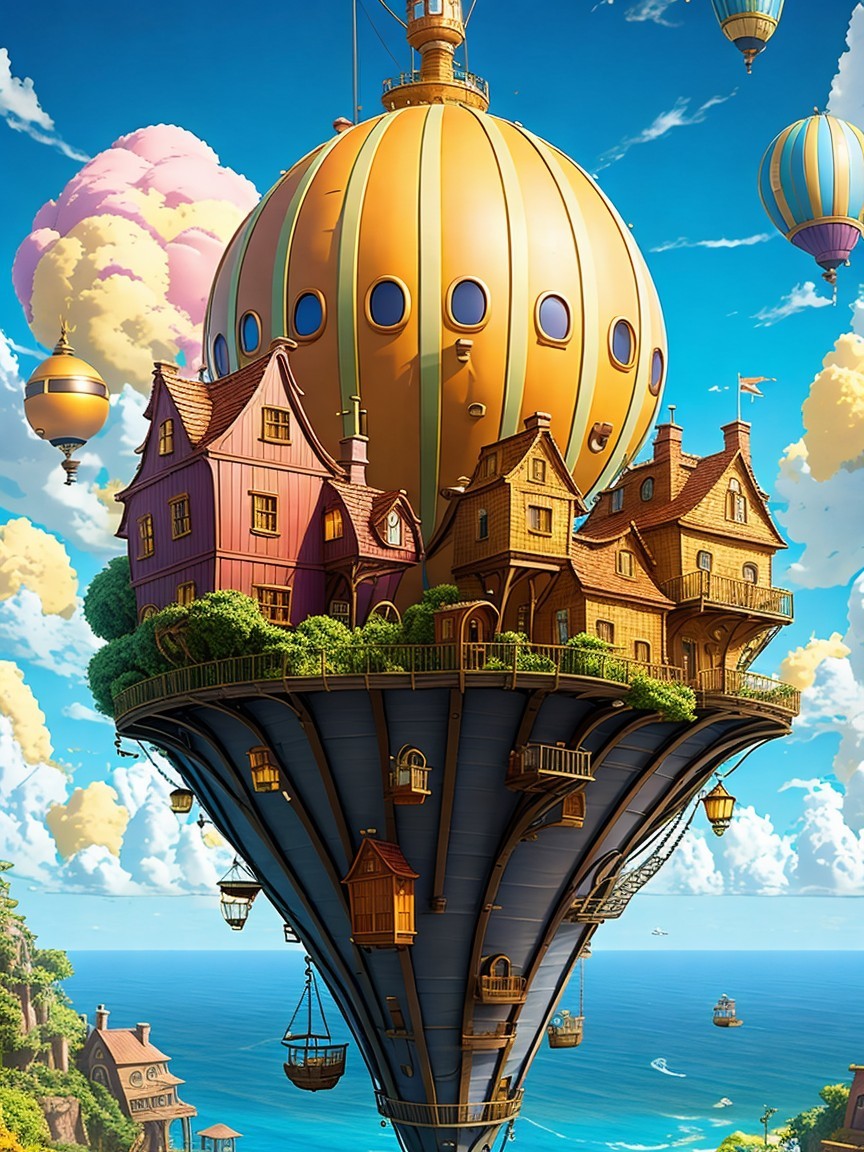 Whimsical Floating Island with Colorful Houses and Balloons