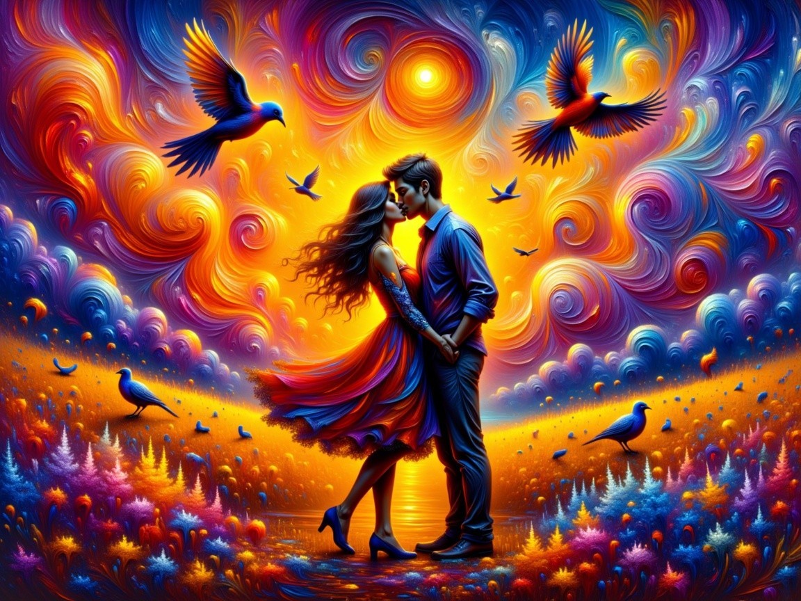 Vibrant Sunset Landscape with Embracing Couple