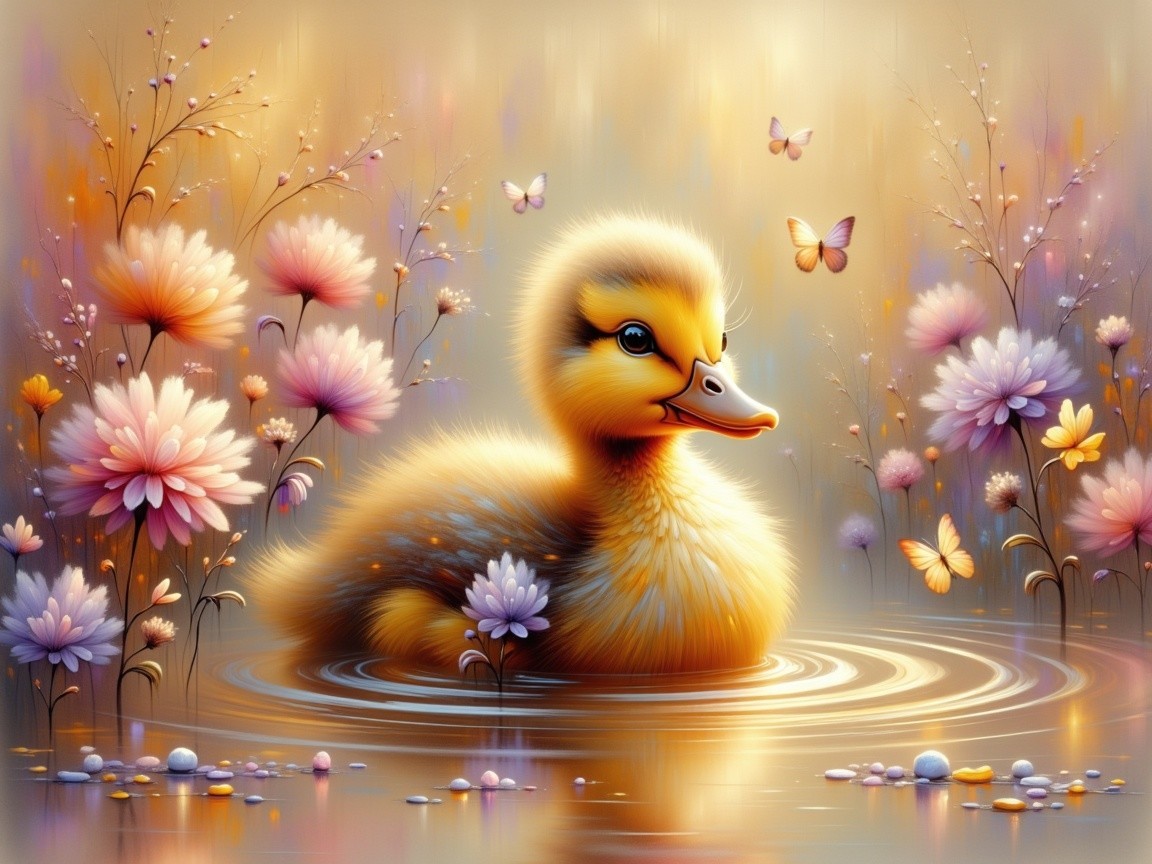 Fluffy Duckling on a Serene Pond with Flowers and Butterflies