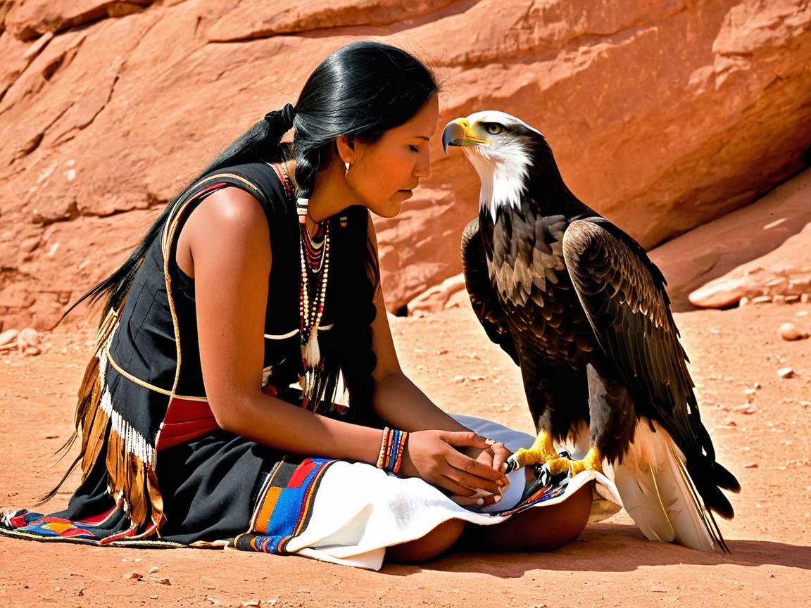 Woman in traditional attire interacts with an eagle